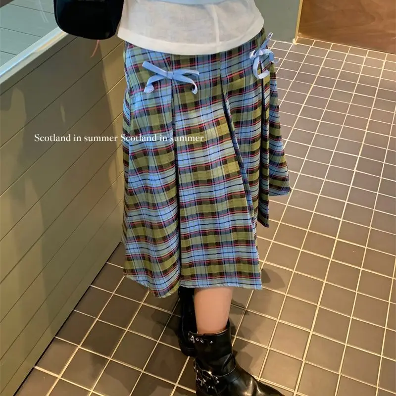 

College Style Plaid Pleated Long Skirt High Waist A Word Skirt Women's Medium and Long Plaid Skirt