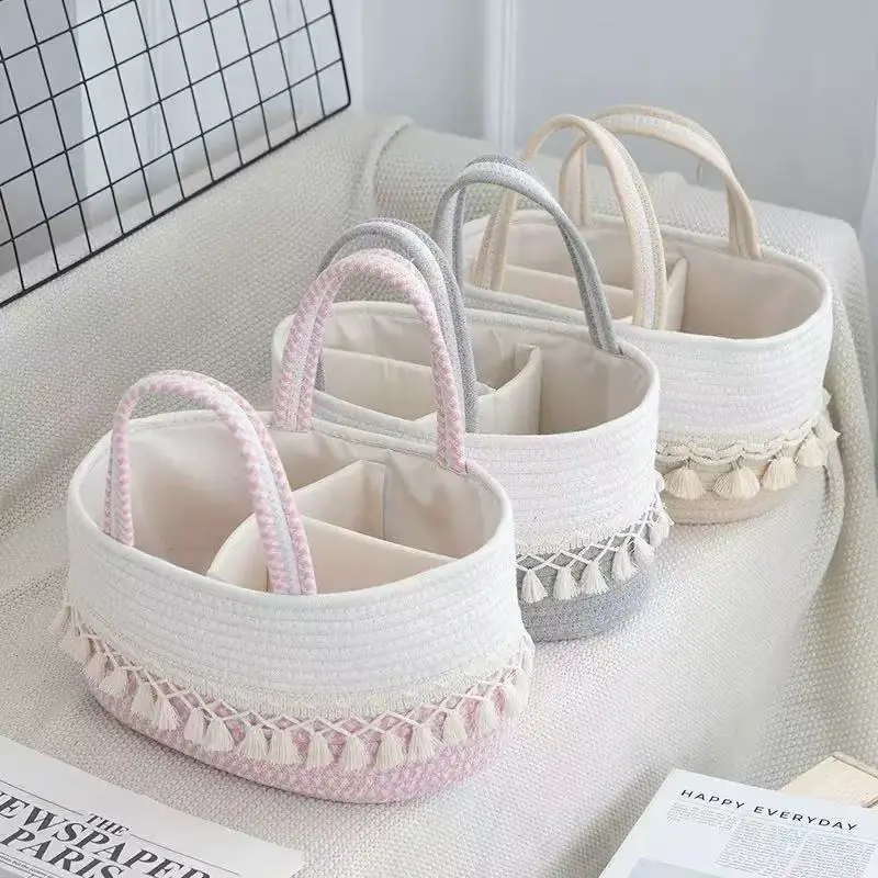 

Compartmentalized Removable-Liner Woven Toy Basket with Tassels – Portable Storage Bin