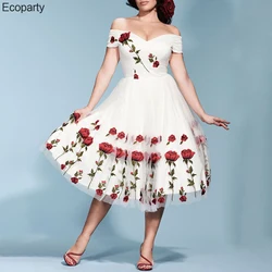 Vintage Rose Embroidery Off Shoulder Dress For Women Sexy Heart Neck Mesh Stitching Dresses 60s Feminine Elegance Party Vestidos