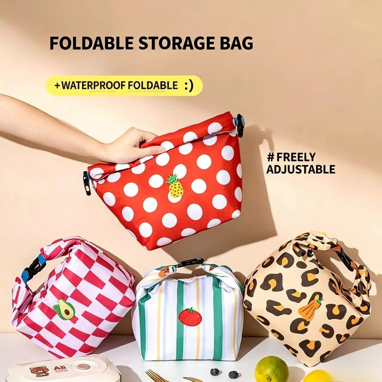 Portable Lunch Box Bag Foldable Drawstring Waterproof Insulated Bento Makeup Bag Shopping Travel Essentials Organizer