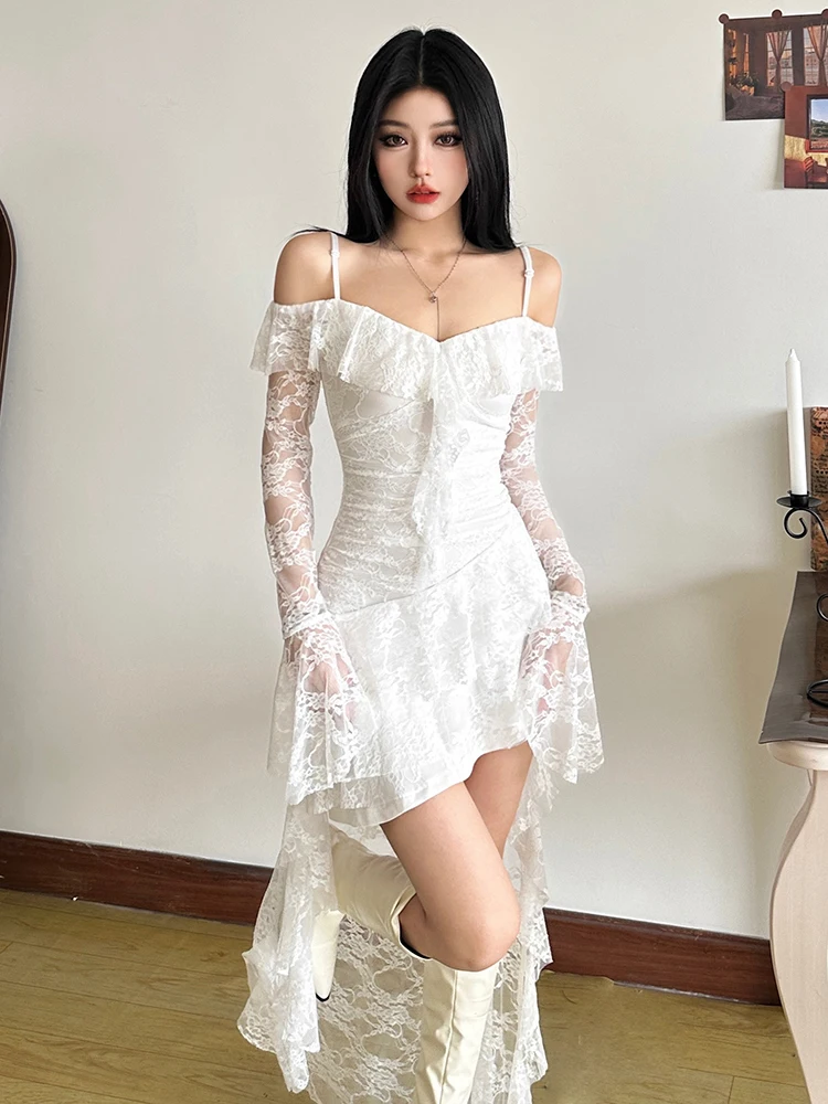 

Sexy Lace See-tough Strap Dr Women's Irregular Skirt Baswing High Waist Long Sve Polyester Spandex Spring ort Dr