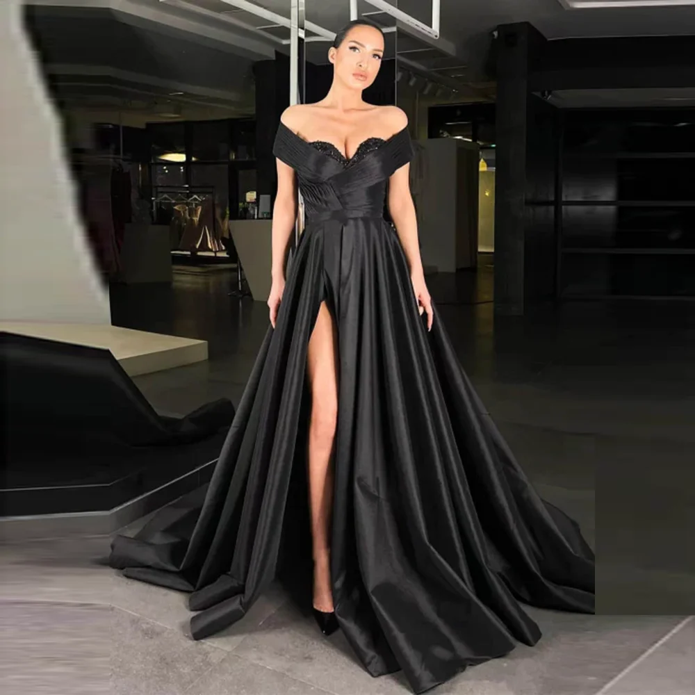 

Fantastic Off-Shoulder Satin Pleated A-line Evening Dress Side Slit Backless Court Prom Gown Beading with Pockets Customzied