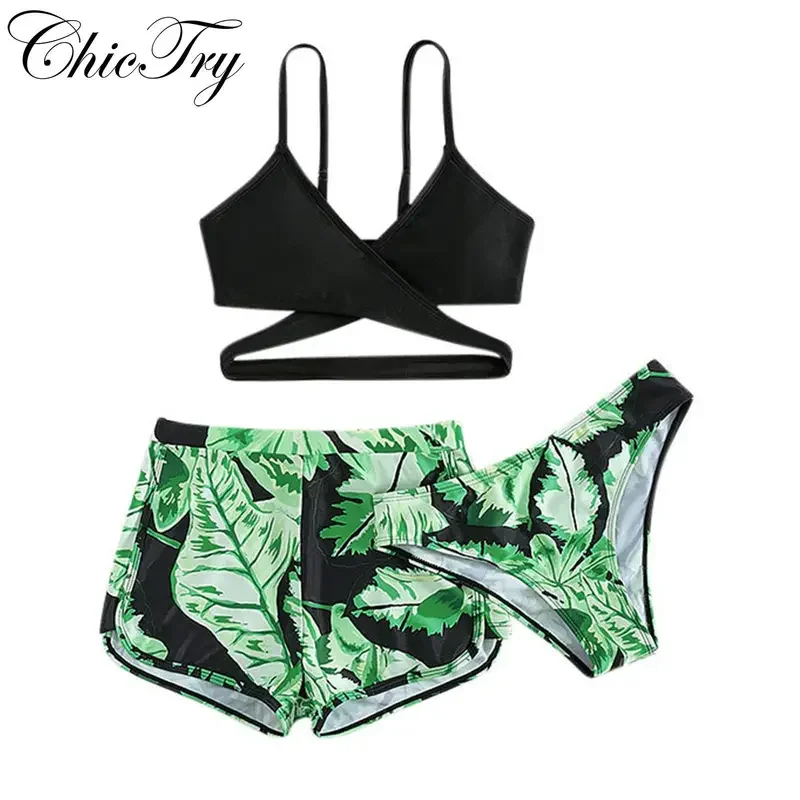어린이 소녀 3 피스 비키니 수영복, 열대 프린트 수영복, 비치웨어 세트, 10 대 수영 선슈트, 탱키니 목욕 세트