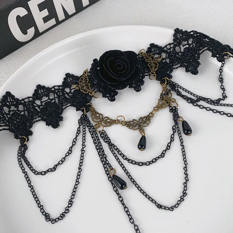 Trendy Black Lace Necklace Flower Tassel Choker Necklace for Women Punk Gothic Halloween Chocker Jewelry Collar Accessories