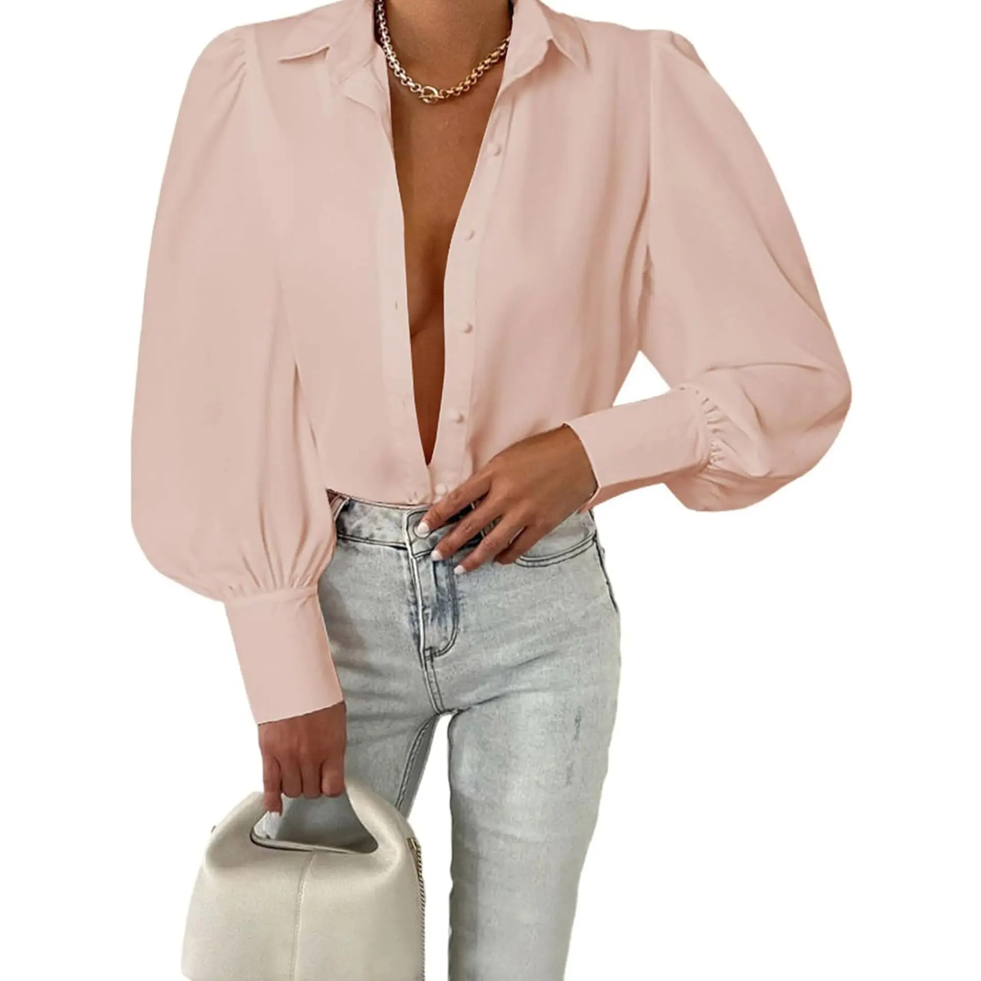 

Womens Loose Blouse Long Sleeve V Neck Button Down Chemisier Femme Blusas Mujer De Moda Solid Casual Top Shirts Office Lady