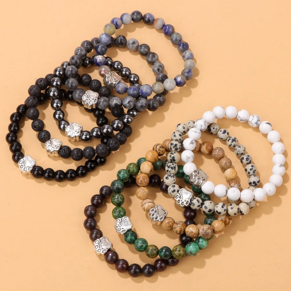 

Natural Stone 8mm Beaded Bracelet Fashion Silver Color Dog Paw Charm Bracelets for Women Men Bracelet Yoga Healing Bangle Gifts