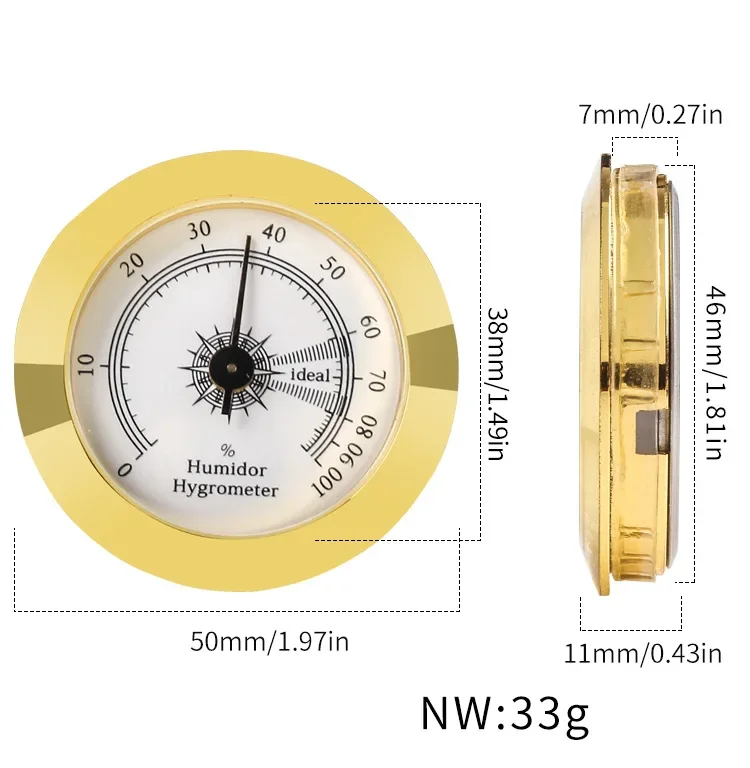 Cygaro analogowy higrometr Humidor dokładne cygaro narzędzie Tester wilgotności higrometr do cygara Humidor 2 Cal średnicy złota