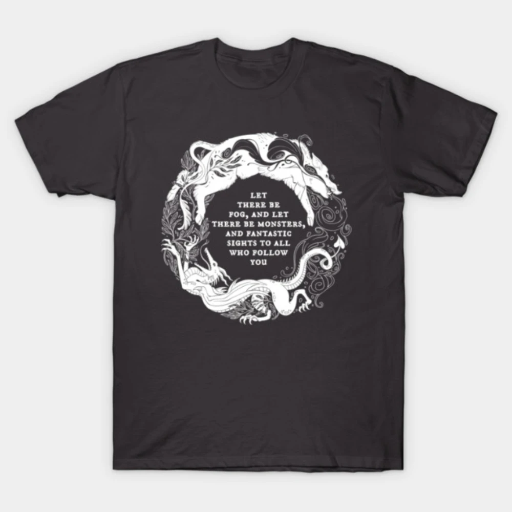 

Men Women 2026 White Ink Wreath Wolf Dragon Circular Poem Print Cotton Motorcycle T-shirt Gothic Dark Fantasy Clothes