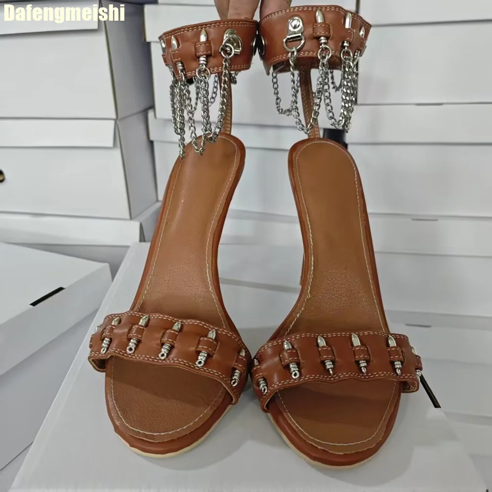 2025 Summer New Thin Heel Sandals Novelty Bullet Model Metal Buckle Ankle Strap Chain Hollow Gladiator Sandals Open Toe Shoes