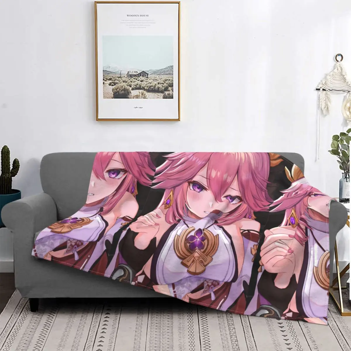 Genshin Blanket Velvet All Season Sexy Miko Yae Breathable Super Warm Throw Blankets For Car Couch Bedspread