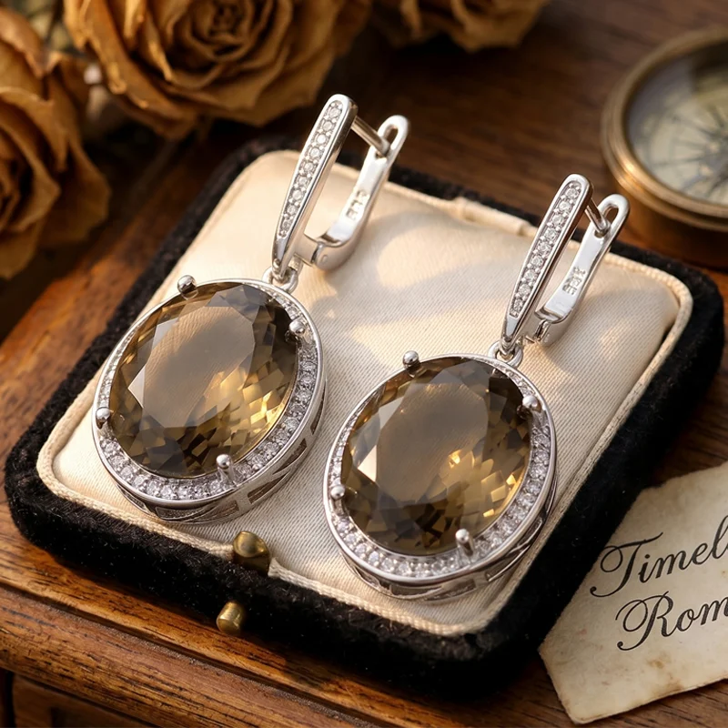 

33x16mm Gorgeous Jewelry Set Smokey Topaz Real Blue Sapphire Swiss Blue Topaz CZ Silver Earrings Pendant