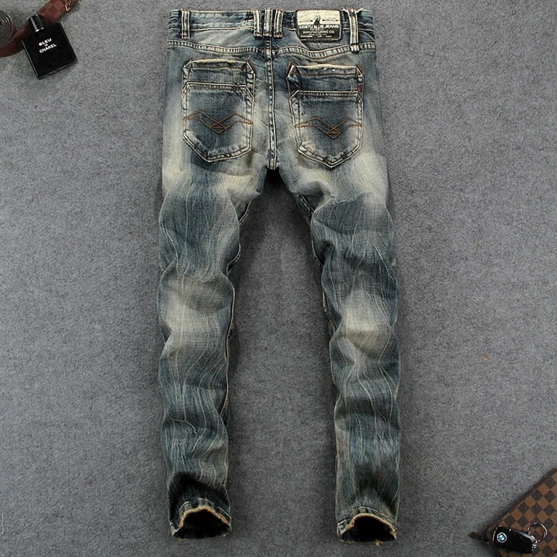 Italian Style Fashion Men Jeans Retro Washed Stretch Slim Fit Ripped Jeans Men Buttons Fly Vintage Designer Denim Pants Hombre