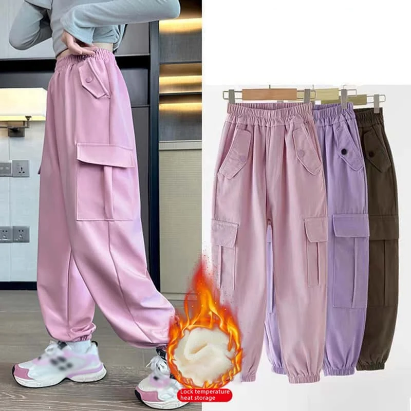 

Winter Warm Girls Cargo Pants Fashion Children Loose Trousers Kids New Style Wide-leg Pants Girl Casual Clothing 6-14 Years