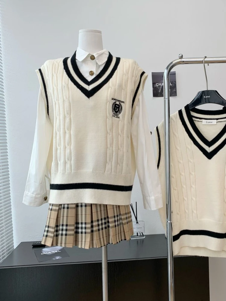 HOUZHOU-suéter de estilo Preppy para mujer, chaleco con cuello en V, Jersey de punto de gran tamaño, sin mangas, moda coreana, informal, Otoño e