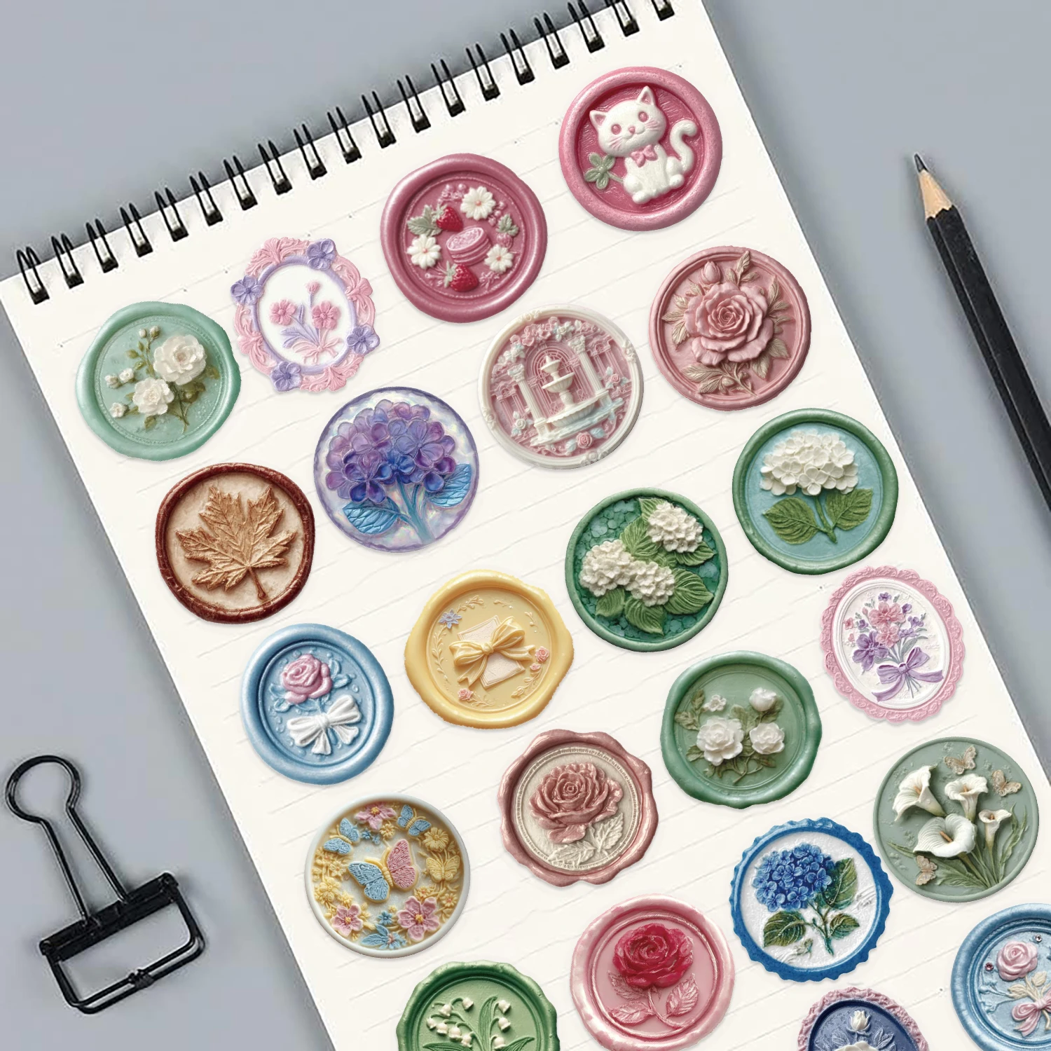 50pcs Retro Classical Wax Seal Art PET Stickers Waterproof PVC Snowflake Butterfly Love Moon DIY Phone Case Scrapbook Envelope