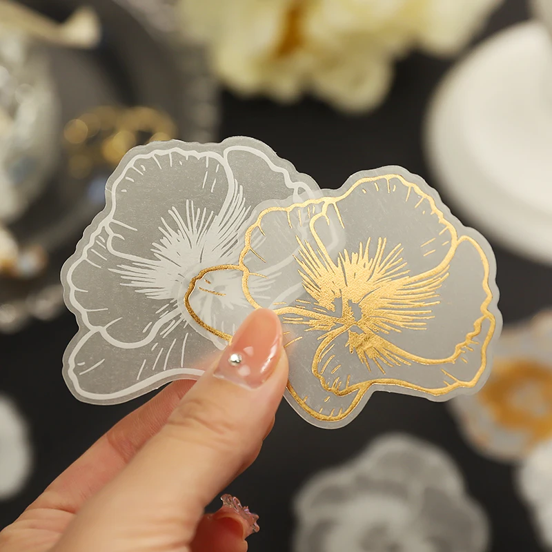 20 pcs scrapbooking stickers  White ink gilding sulfuric acid paper flower butterfly plant material decorative sticker 8 types