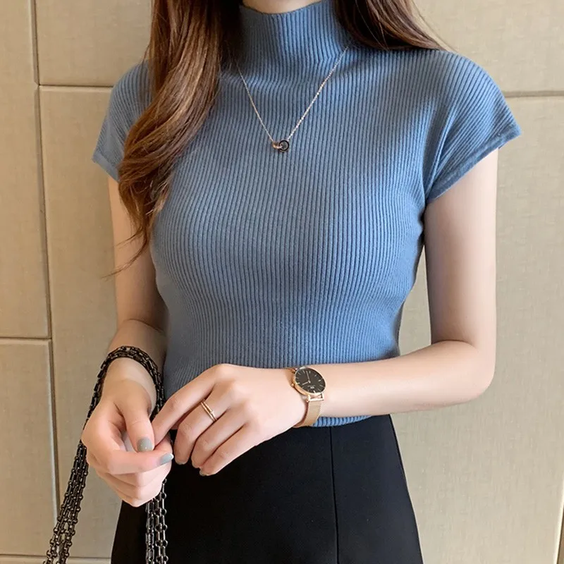 Half Turtleneck Slim Knitted T-shirt Women Solid Short Sleeve Casual Spring Pullover Casual Skinny Tee Elegant Korean Tops