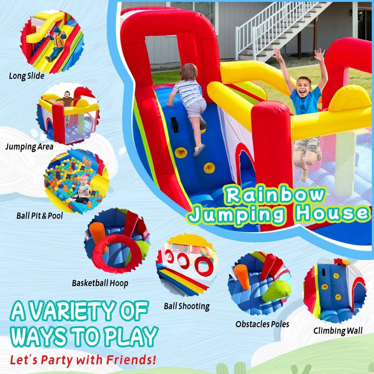 Inflatable Bounce Castle for Kids with Blower, Bouncy Jumping House Including Slide, Climbing Wall, Obstacle Course, Trampoline, and Ball Pit Pool for Indoor & Outdoor Use - view 4