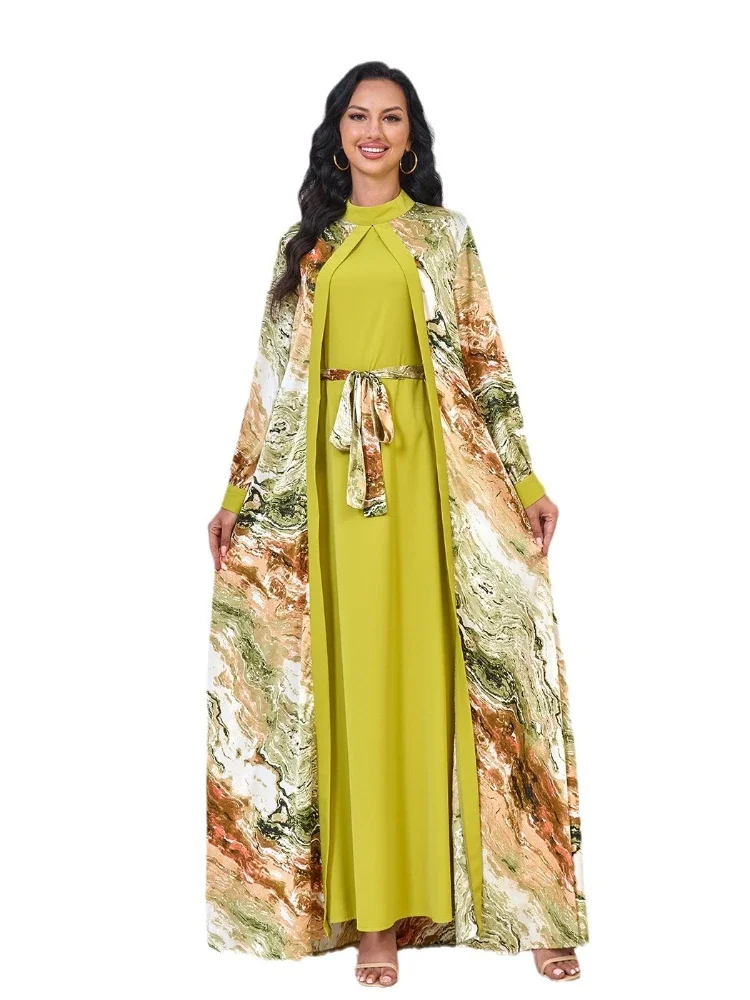 Moroccan Caftan for Women Muslim Suit Ramadan 2 Piece Set Dress Dubai Arabic Long Robe Abayas Kaftan Islam Print Vestidos