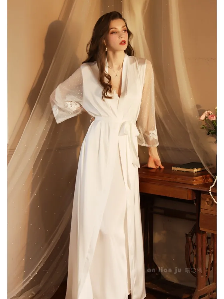 Spaghetti StrapSexy Robe 2 Piece Set Outfit Suit Bathrobe Women Long Sleeve Satin Home Sleepwear Lady Nightdress Pajamas Dress