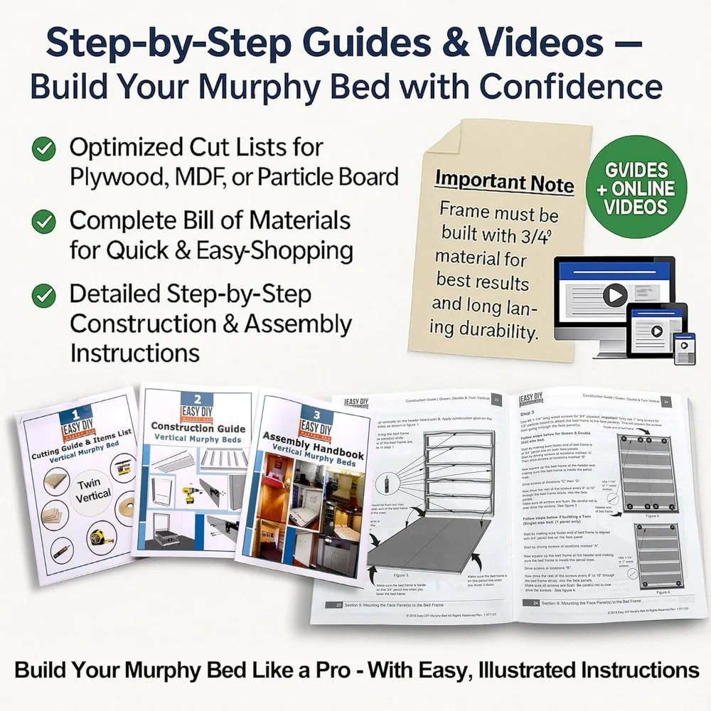 طقم سرير ميرفي بحجم كوين مثبت على الحائط عموديًا - حل DIY موفر للمساحة - صديق للميزانية - صنع في الولايات المتحدة الأمريكية - سرير مخفي