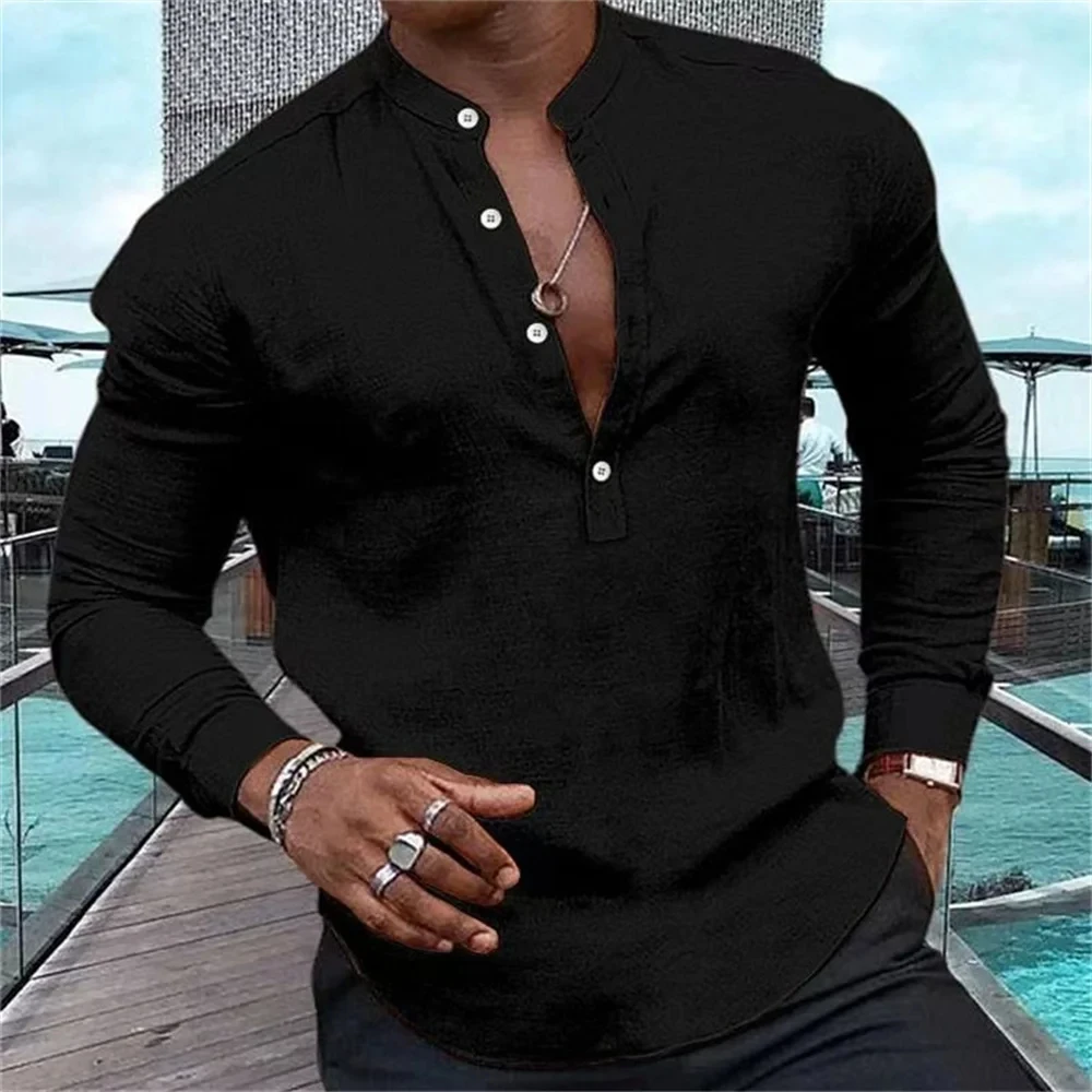 New Fashion Men's High Quality Shirt Henry Solid Color Button Standing Neck Muscle Men's Street Casual Tops Official Store Shirt