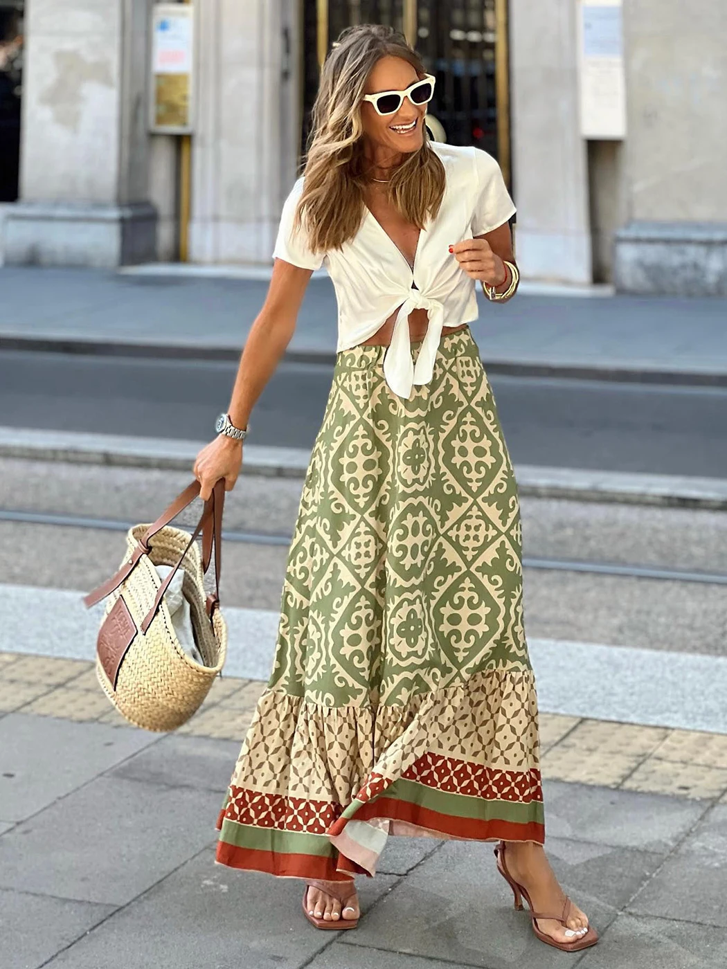 Jastie Boho Retro Floral Print Skirts Women 2025 Summer High Waist A-Line Pleated Long Skirts Casual Holiday Beach Skirt