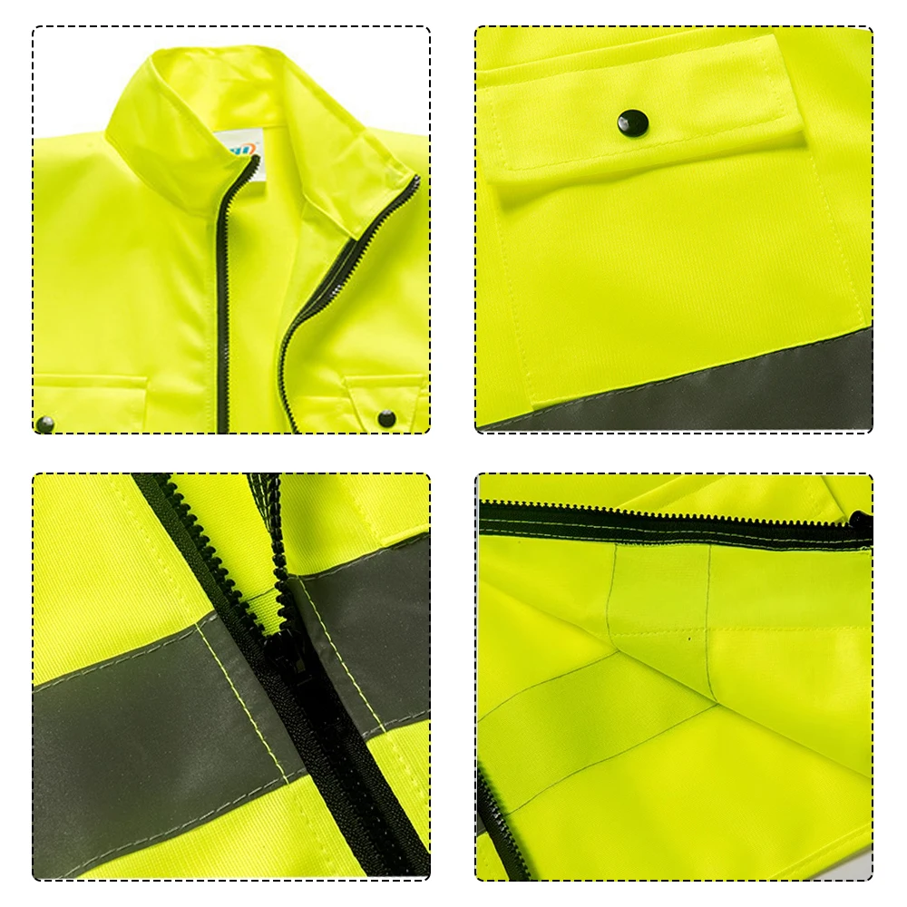 Hi Vis-chaleco reflectante con múltiples bolsillos para hombre, ropa de trabajo, cuello alto, chaqueta de seguridad para ciclismo y motocicleta