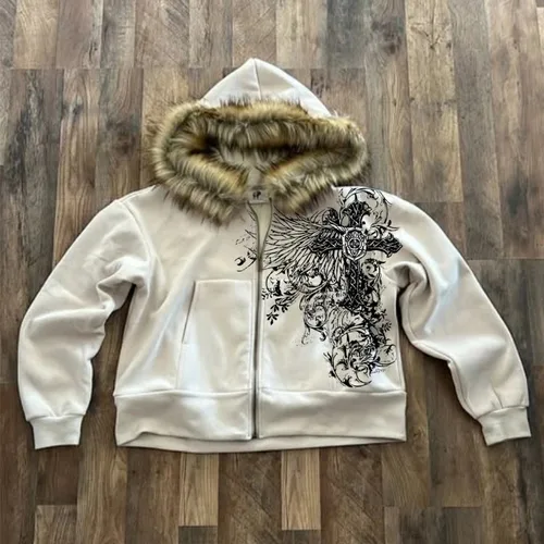 Estilo americano estilo hip-hop Y2K otoño e invierno nuevo artículo unisex estampado grueso chaqueta con capucha cálida cremallera con sombrero