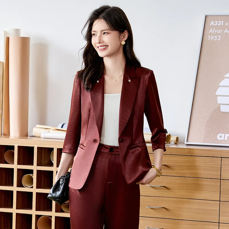 Burgundy Blazer for Women Spring New Commuter Goddess Style Three-Quarter Sleeve High-End Waist-Cinching Professional Suit Set