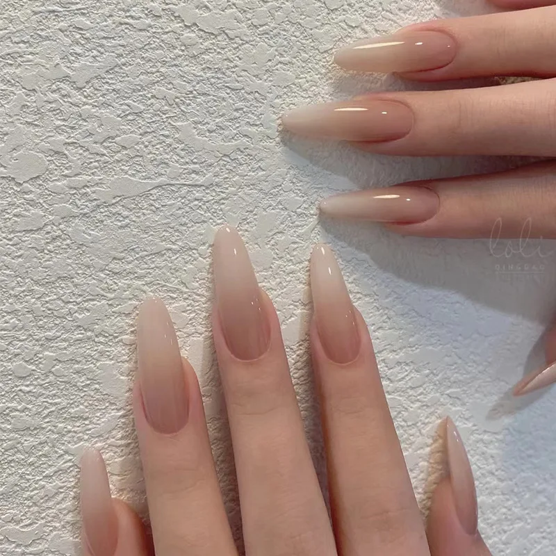 24 piezas uñas postizas stiletto largas nude beige y blanco lechoso, brillantes, con pegamento, listas para usar 2