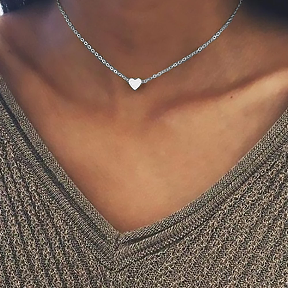 Tiny Heart Choker Necklace for Women Silver Color Chain Smalll Love Necklace Pendant on neck Bohemian Minimalist Jewelry