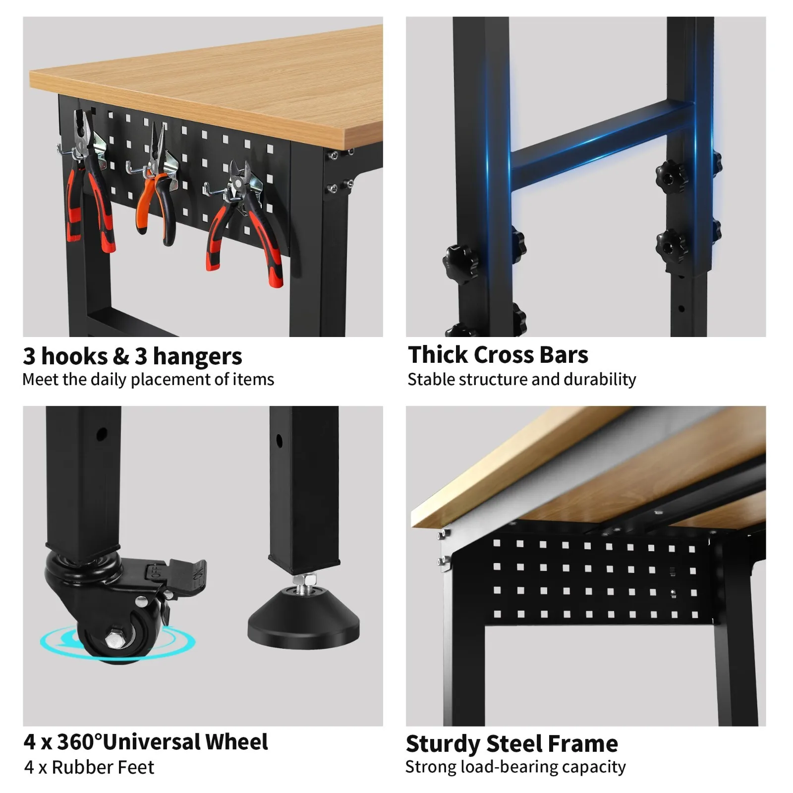 Bancada de Trabalho Ajustável de 60 Polegadas com Topo de Madeira de Borracha