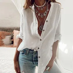 Autumn Cotton Linen Shirt Fashion Button Up Women Shirts White Casual Loose Tops Solid Top Shirt For Women Blusas Para Mujer