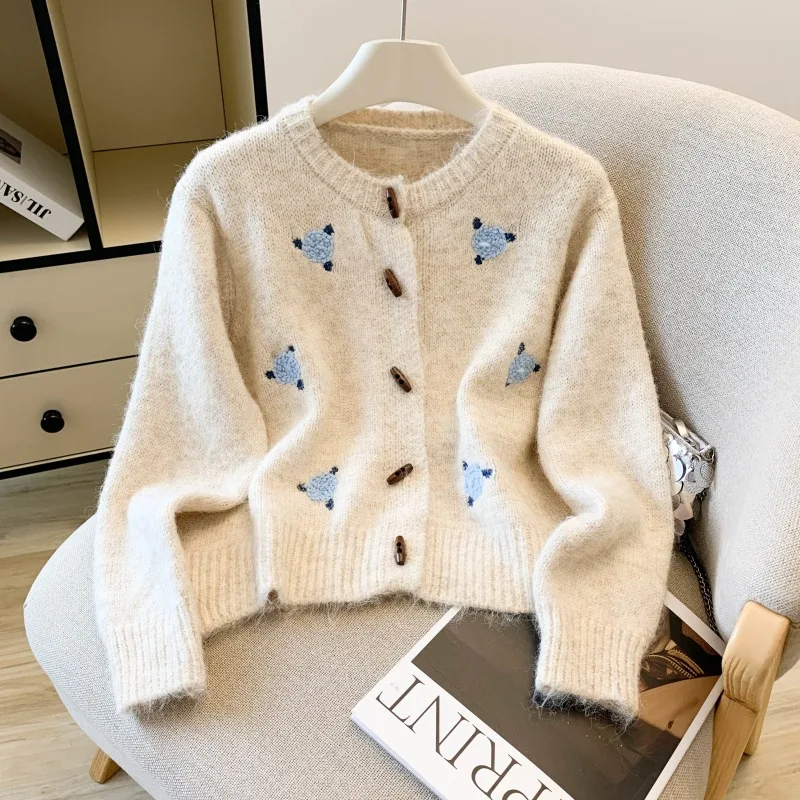 Vintage Sweet Beige Knit Cardigan For Women Crew Neck Jacquard Ribbed Cropped Loose Fuzzy Soft Preppy Mori Casual Outerwear Tops