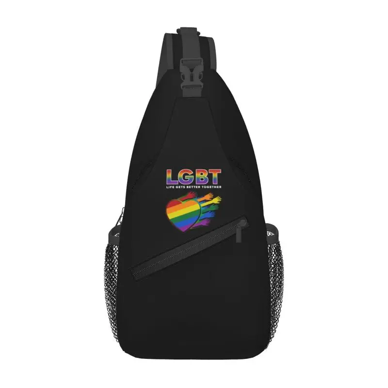 

Custom LGBT Heart Rainbow GLBT Sling Chest Bag Casual Gay Pride Crossbody Shoulder Backpack for Men Travel Hiking Daypack