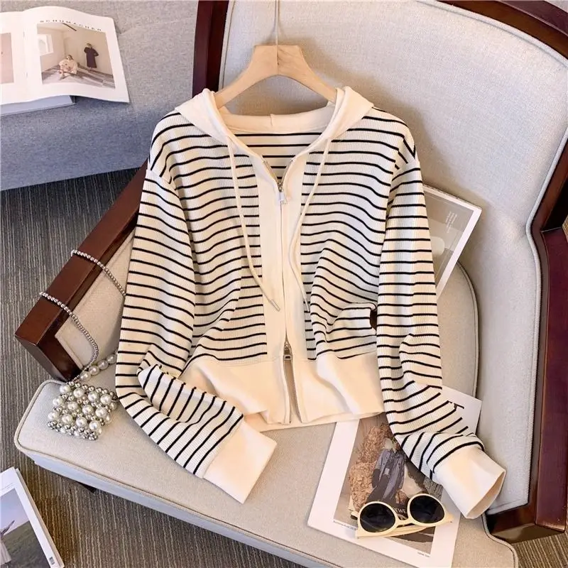 

Retro Striped Hooded Knitted Cardigan for Women in Spring for Women with Fashionable and Versatile Loose Double Zipper Jacket