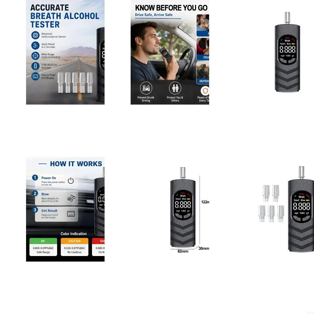 Digital Breath Check Tester with 5 Mouthpieces Included for Self Check H9EE