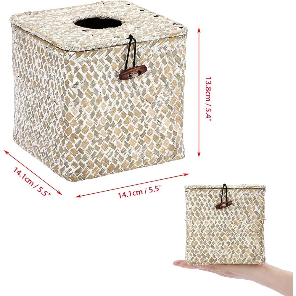 Square Seagrass Tissue Box with Lid, Woven Tissue Box Holder Rustic Cube Cover for Bathroom Toilet Bedroom Living Room Kitchen T view 4