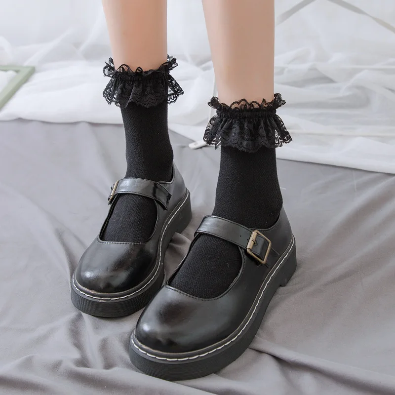 Kawaii Girl Cotton Cute Ankle Socks Women  Lace Lolita Japanese Style White Black Mid-leg Socks Mesh Lace Socks