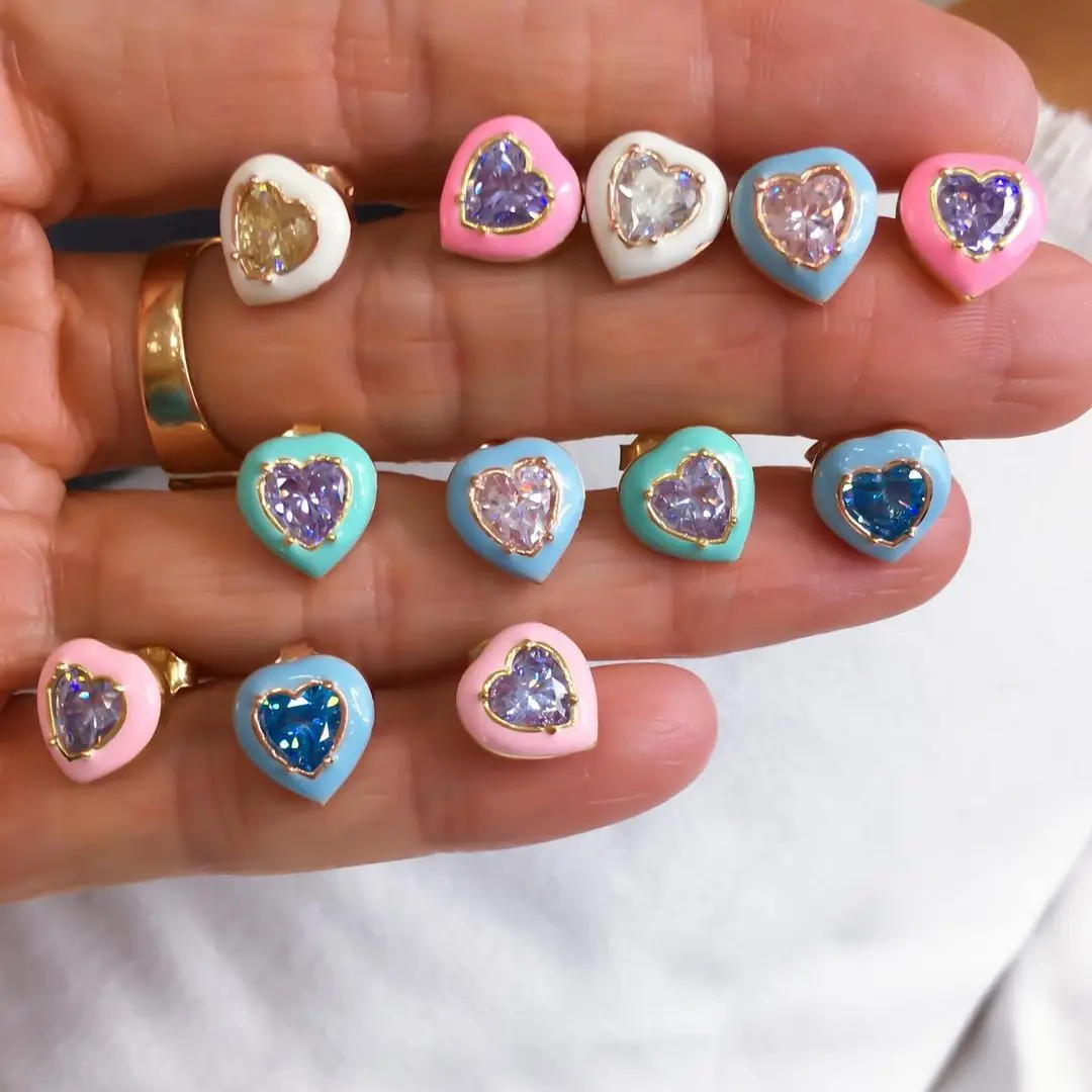 Pastel Enamel Heart Shaped CZ Stud Earring Cute Lovely Colorful 2022 Summer Jewelry