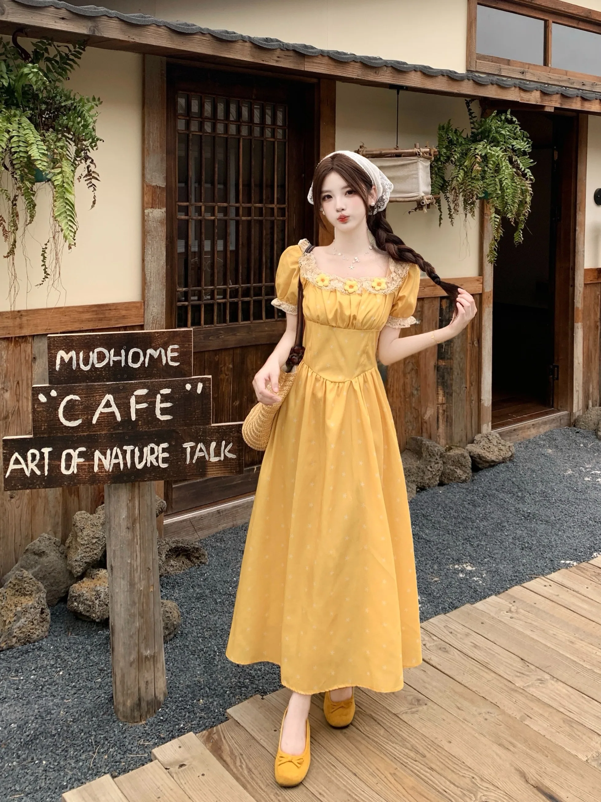 

plus Size Yellow Flower Bubble Sleeve Long Dress Women's Summer New Waist Cinched Beautiful Dress Korean Style Commute Wind