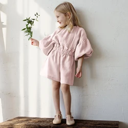 Retro Cotton And Linen Girls Suit Spring Autumn New Children's Casual Long Sleeve Linen Shirt Tops + Shorts 2pcs Sets TZ114