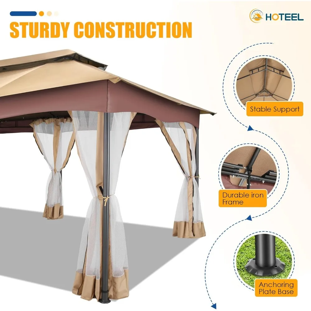 Gazebo 12x20, Outdoor Gazebo on Clearance with Double Ventilated Flat Roof, Privacy Curtains & Mosquito Netting, Easy Set up