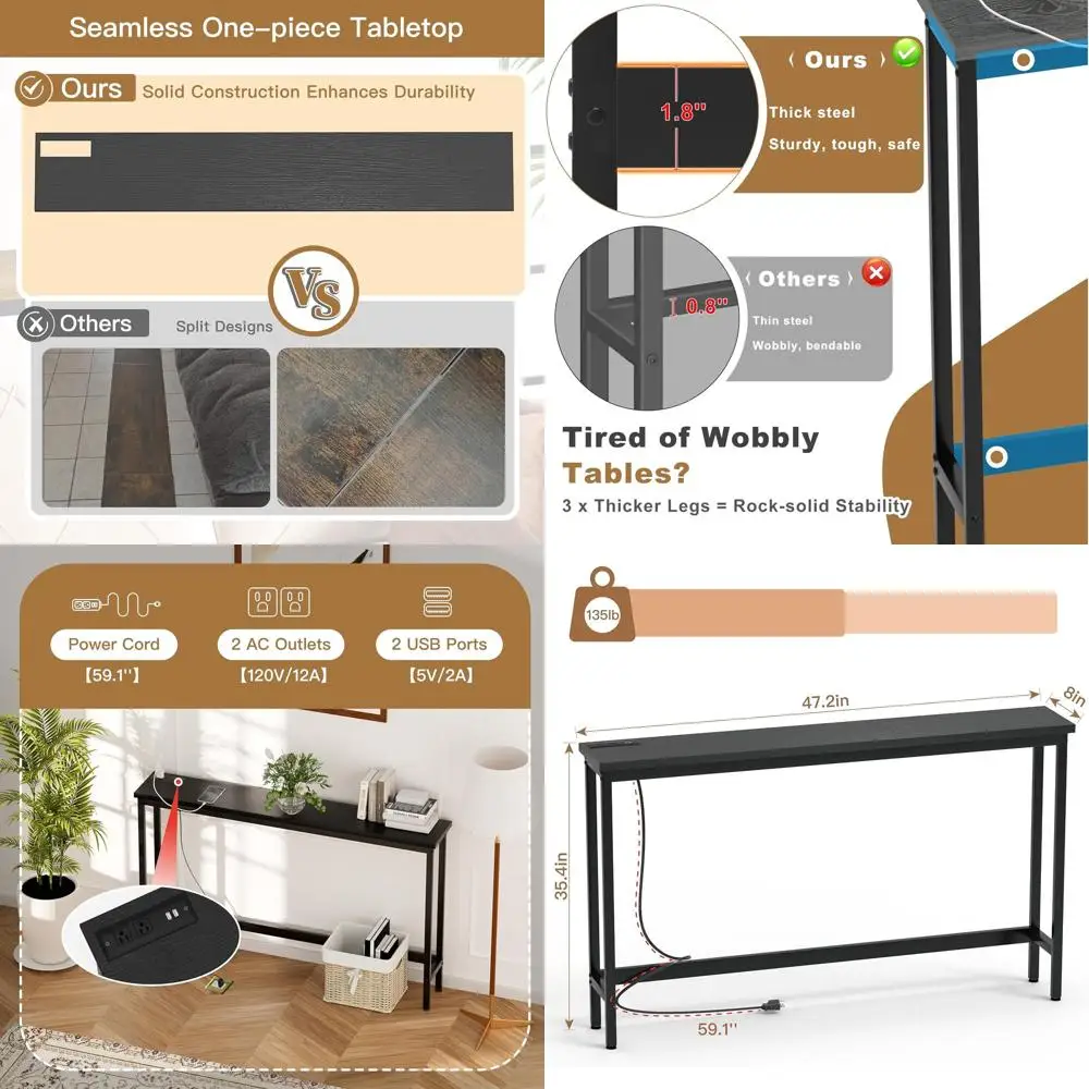 

Узкий консольный столик высотой 35 дюймов с розеткой, идеально подходит для прихожей или гостиной, черный