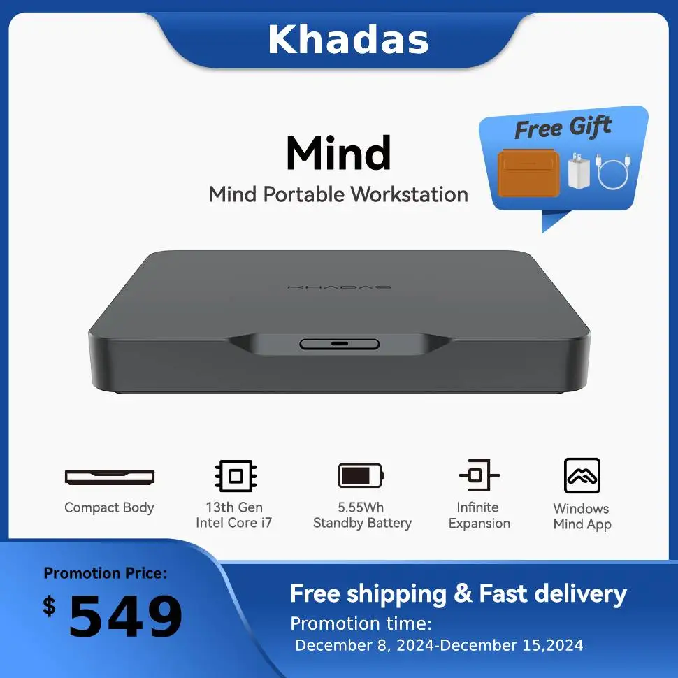 Khadas Mind 1 Mini PC, computadora de escritorio micro Intel Core i7-1360P de 5,0 GHz con batería en espera de 5,5 Wh, 32 GB + 1 TB WiFi 6E, BT5.3