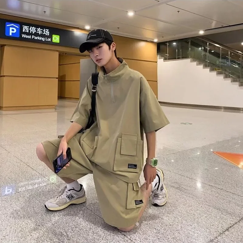 Cargo Pants Short Suit Male Summer Solid Color Loose Tshirts and Shorts 2 Piece Set Japanese Style Outdoor Casual Tracksuit Men
