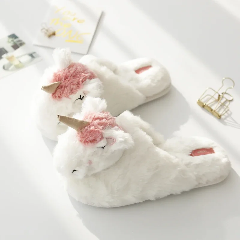 Cute unicorn slippers bag feet warm Korean style women's plush silent non slip indoor home slippers floor shoes