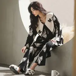 NEW Women's Pajamas Set Luxury Style Butterfly Print Sleepwear Homewear V Neck Nightie Casual Home Suit Loungewear