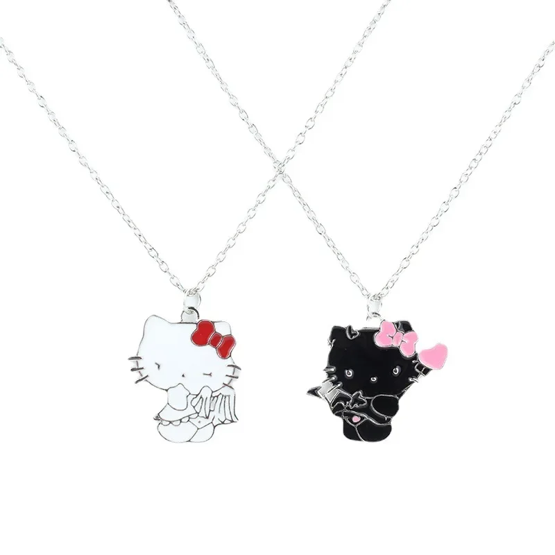 Sanrios Hello Kitty Halskette Cartoon Niedliche Öltropfen Halskette Anime Anhänger Ornamente Schwarz-Weiß-Schatzgeschenk